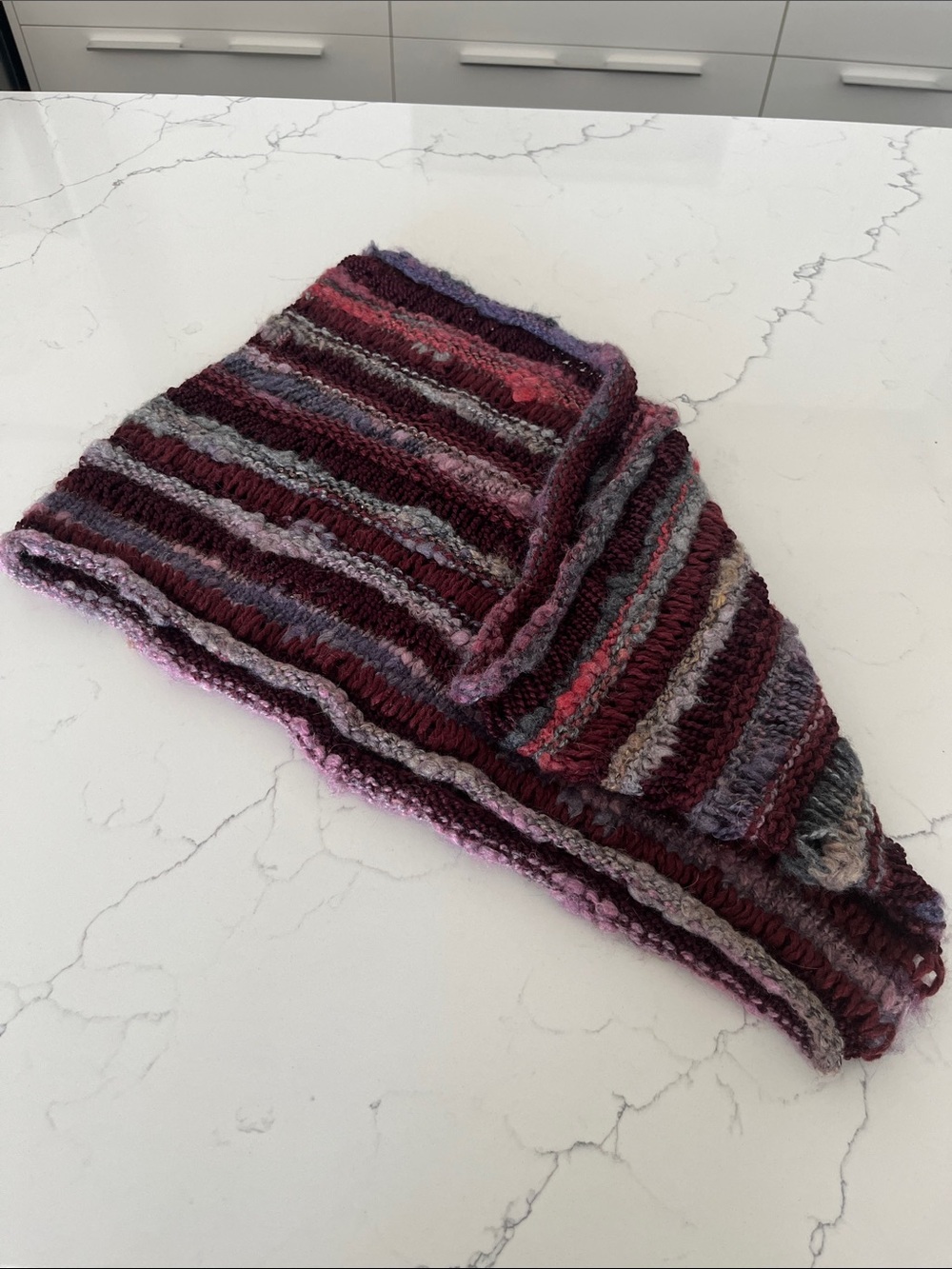 Handmade Striped Knit Scarf in Burgundy and Lavender